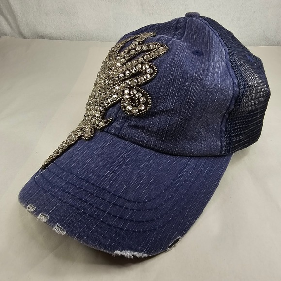 Sparkling Fleur de Lis Distressed Denim Trucker Hat Blue Mesh Adjustable - Picture 3 of 12
